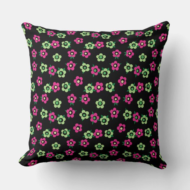 Green Red floral pattern black retro Sixties Throw Pillow (Front)