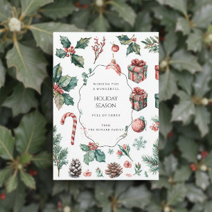 Green Red Floral Whimsical Watercolor Holiday Card