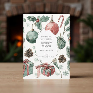 Green Red Floral Whimsical Watercolor Holiday Card