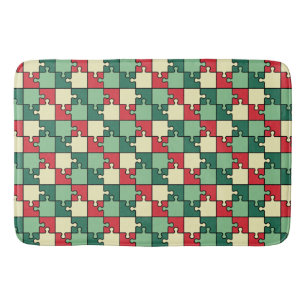 Green Red Geometric Puzzle Pieces Pattern Bath Mat