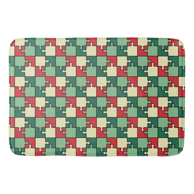 Green Red Geometric Puzzle Pieces Pattern Bath Mat (Front)