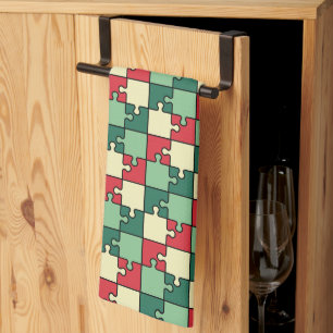 Green Red Geometric Puzzle Pieces Pattern Kitchen Towel