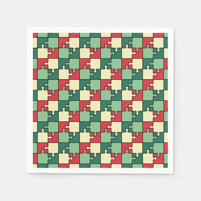 Green Red Geometric Puzzle Pieces Pattern Napkin (Front)