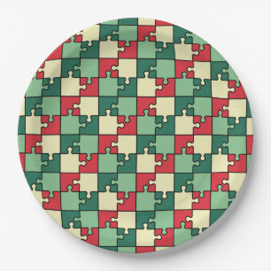 Green Red Geometric Puzzle Pieces Pattern Paper Plate