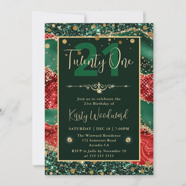Green & Red Glitter Christmas Agate Birthday Party Invitation (Front)