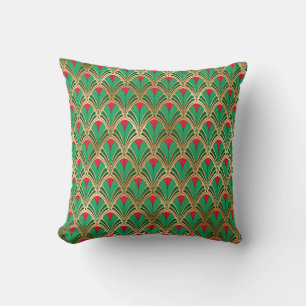 Green Red Gold Art Deco Fan Pattern Throw Pillow