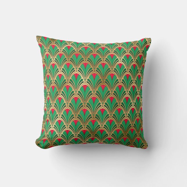Green Red Gold Art Deco Fan Pattern Throw Pillow (Front)