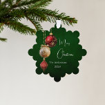 Green red gold baubles Christmas decor Ornament Card<br><div class="desc">A rustic green uneven coloured background. Decorated with red and gold baubles and some greenery and a pine cone.  Personalize and add your name,  year.  Text: Merry Christmas</div>