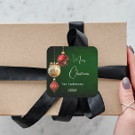 Green red gold baubles classic Christmas Square Sticker<br><div class="desc">For a Christmas party favours or gift wrapping. A rusitc green uneven coloured background. Decorated with red and gold baubles.  Personalize and add your name,  year.  Text: Merry Christmas</div>