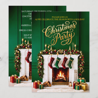 Green Red Gold Christmas Holiday Party Fireplace Invitation