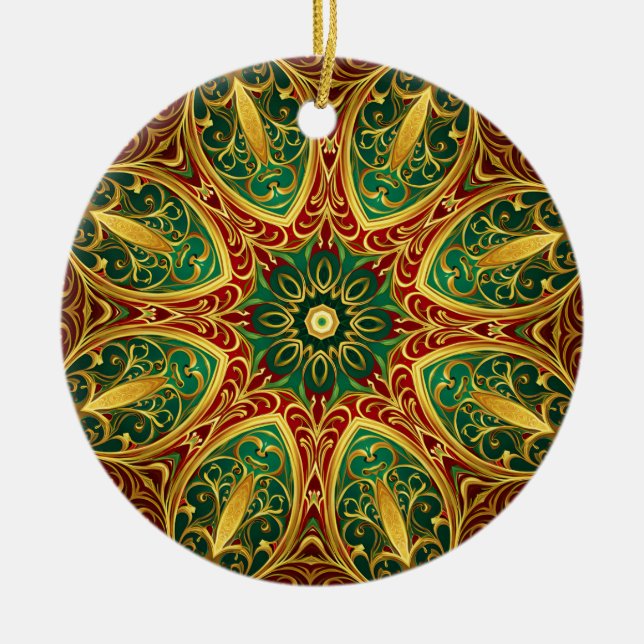 Green Red Gold Decorative Christmas Holiday Ceramic Ornament (Front)