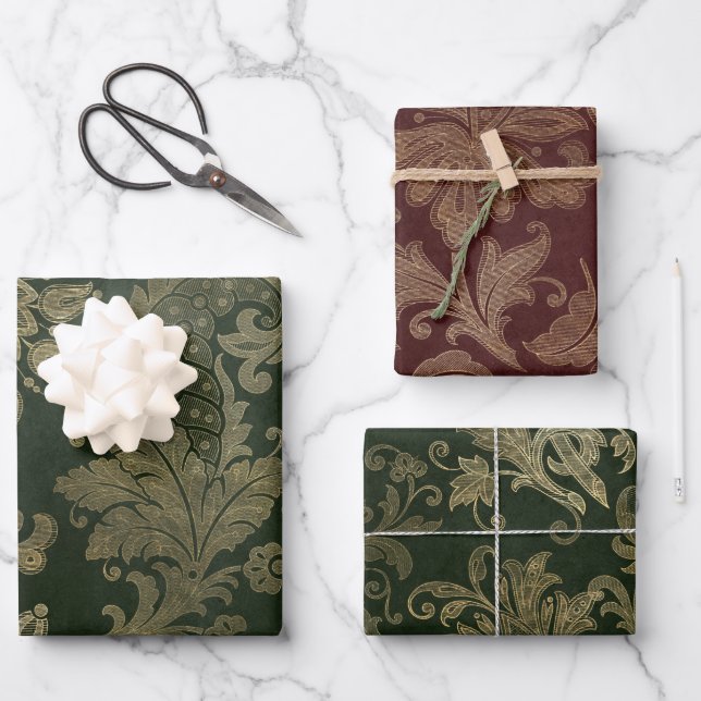Green, Red & Gold Faux Floral Velvet Christmas Wrapping Paper Sheet (Front)