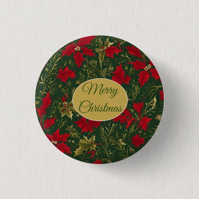 Green Red Gold, Holly and Amaryllis Christmas 1 Inch Round Button (Front)