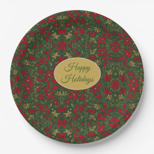 Green red gold, Holly and amaryllis Happy Holidays Paper Plate
