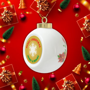 Green, Red & Gold Merry Christmas Ceramic Ball Christmas Ornament