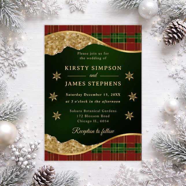 Green Red & Gold Plaid Snowflake Wedding Invitation (Creator Uploaded)