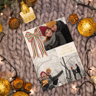 Green Red Gold Striped Bow Merry Christmas Photo Foil Holiday Card