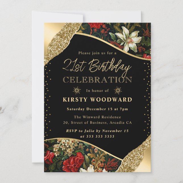 Green Red & Gold Winter Flowers 21st Birthday Invitation (Front)