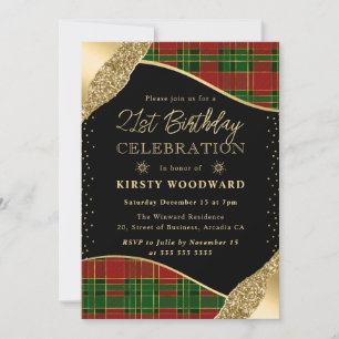 Green, red & Gold Winter Plaid 21st Birthday Invitation