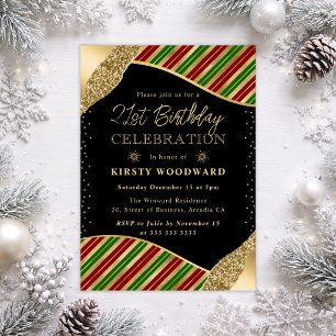 Green, Red & Gold Winter Stripes 21st Birthday Invitation
