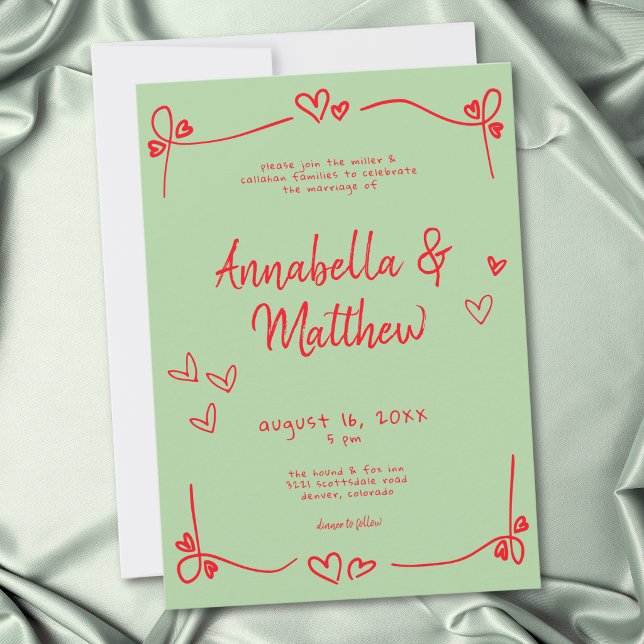 Green Red Hand Drawn Heart Whimsical Wedding  Invitation (Green Red Hand Drawn Heart Whimsical Wedding Invitation)