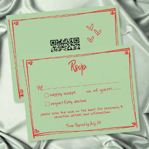 Green Red Hand Drawn Heart Whimsical Wedding QR RSVP Card