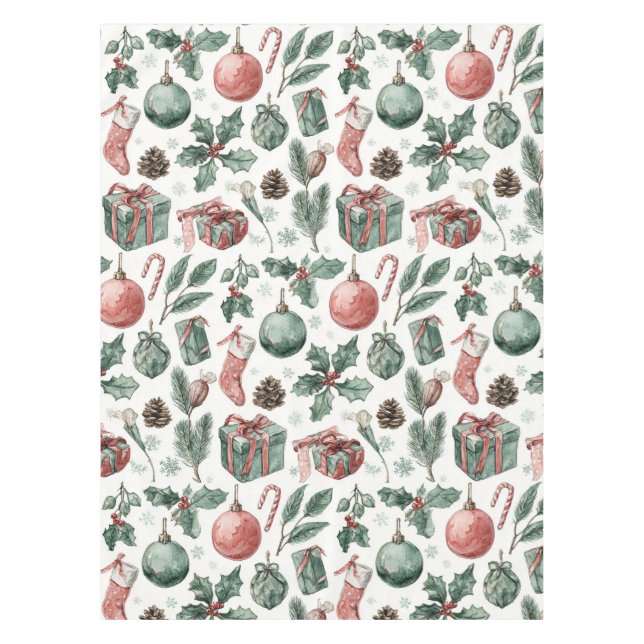 Green Red Holiday Watercolor Pine Berry Whimsical Tablecloth (Front)