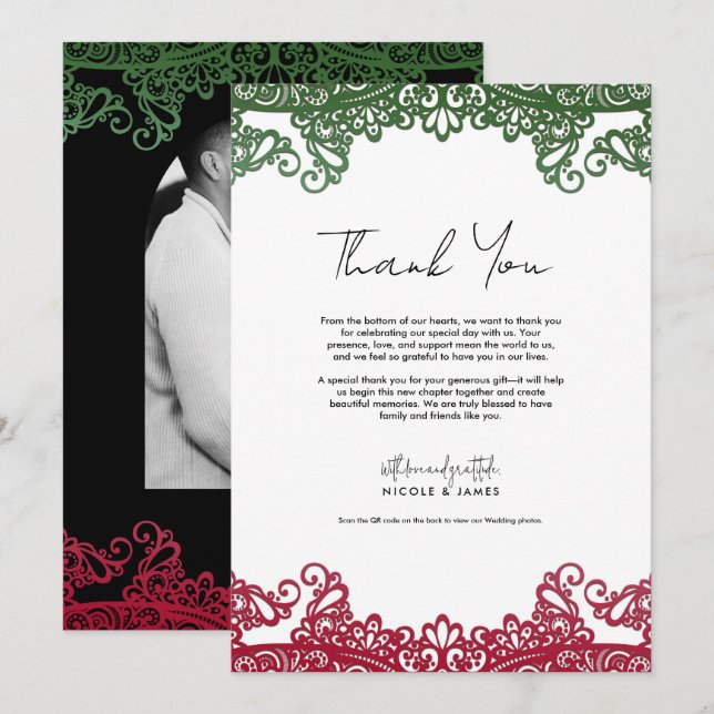 Green & Red Lace Elegant Fiesta Thank You Invitation (Front/Back)
