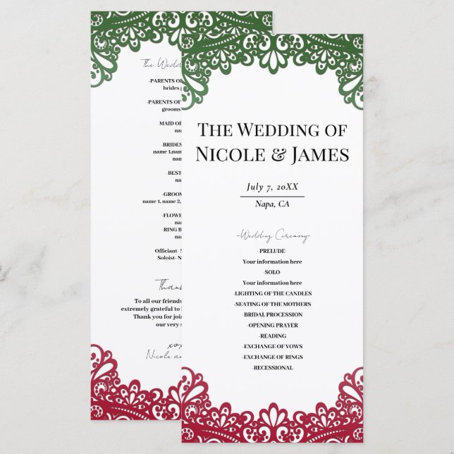 Green & Red Lace Elegant Fiesta Wedding Programme (Devant / Derrière)