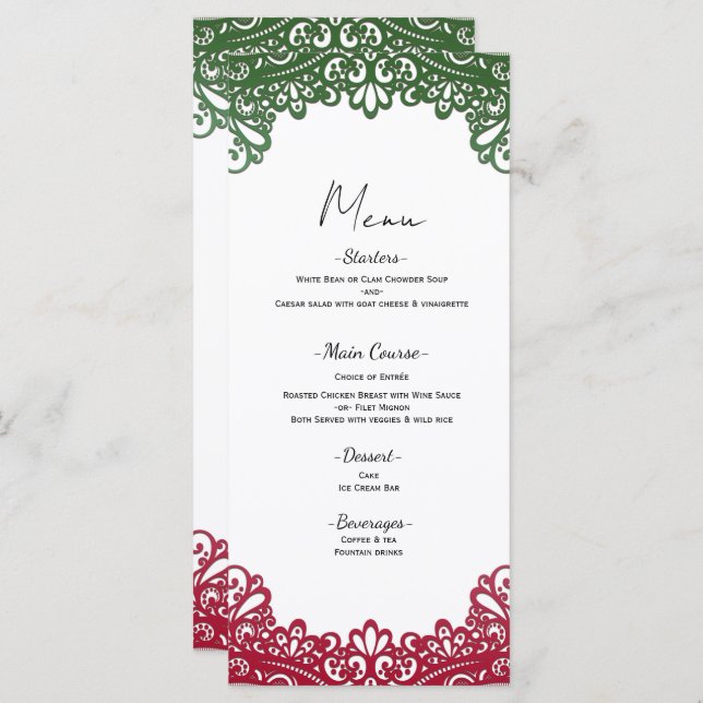 Green & Red Lace Elegant Fiesta White Wedding Menu (Front/Back)