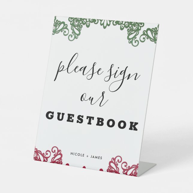 Green & Red Lace Fiesta Wedding Guestbook Sign (Front)