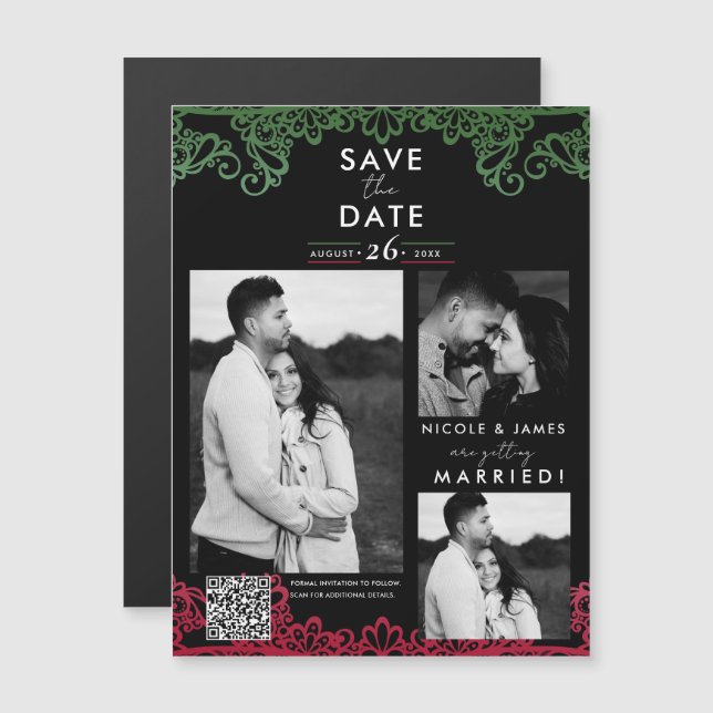 Green & Red Lace Fiesta Wedding Save the Date (Front/Back)