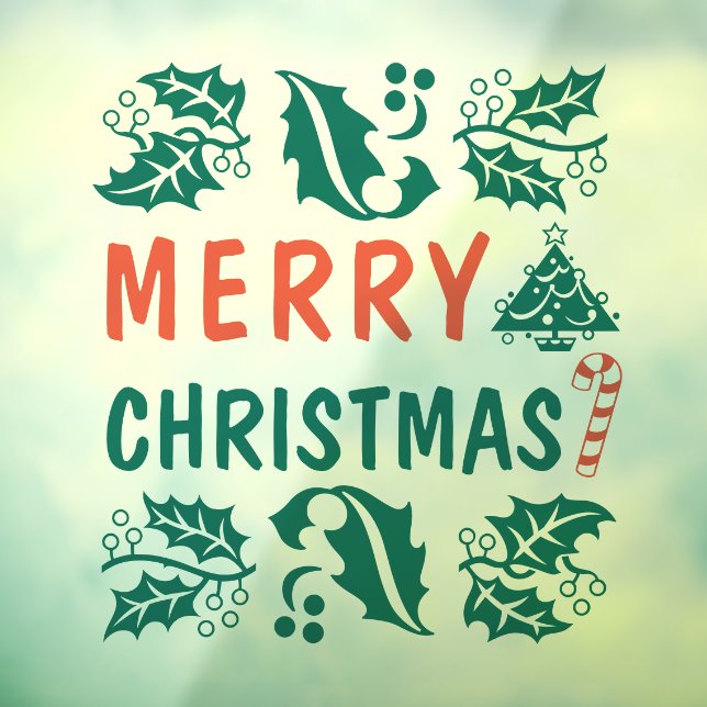 Green Red Merry Christmas Holly Window Cling (Sheet 3)