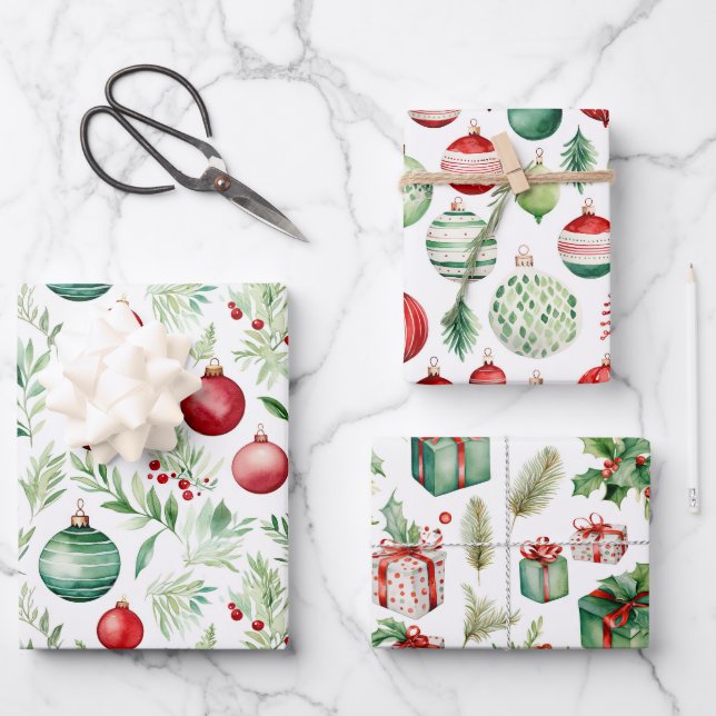 Green Red Merry Christmas Ornaments Wrapping Paper Sheet (Front)