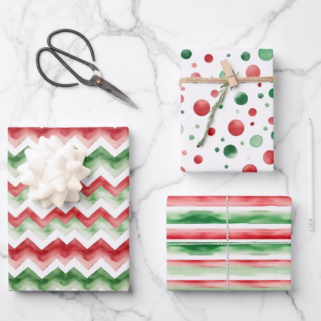 Green Red Merry Christmas Stripes Dots Wrapping Paper Sheet (Front)