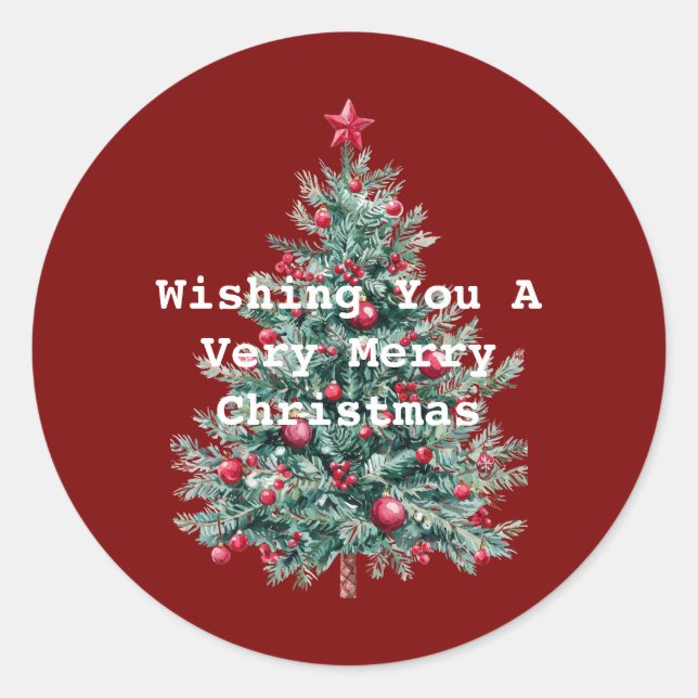 Green Red Merry Christmas Tree Classic Round Sticker (Front)