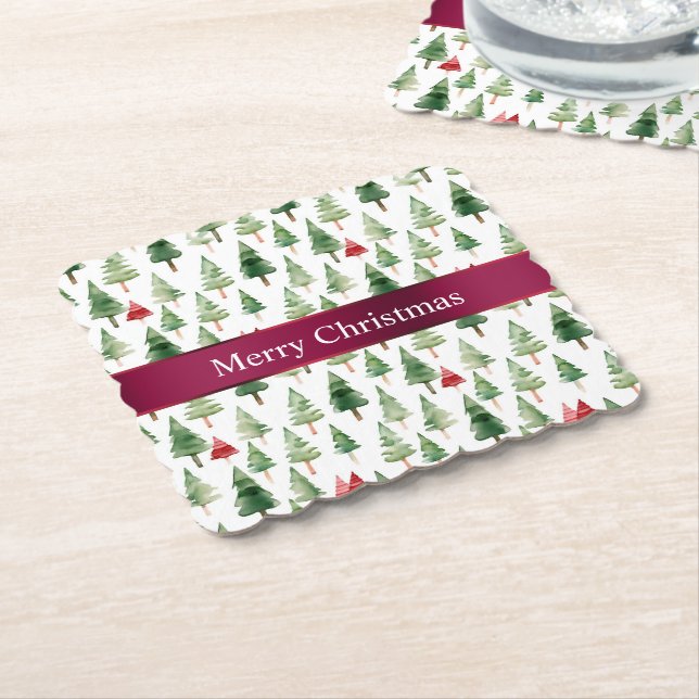 Green Red Merry Christmas Trees  Paper Coaster (Angled)