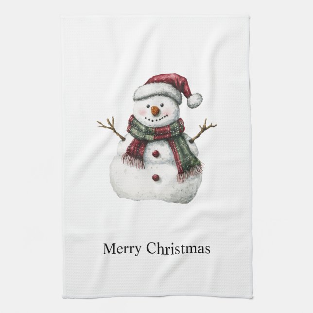 Green Red Merry Christmas Trees Snowman Kitchen Towel (Vertical)