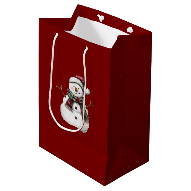 Green Red Merry Christmas Trees Snowman Medium Gift Bag (Front Angled)