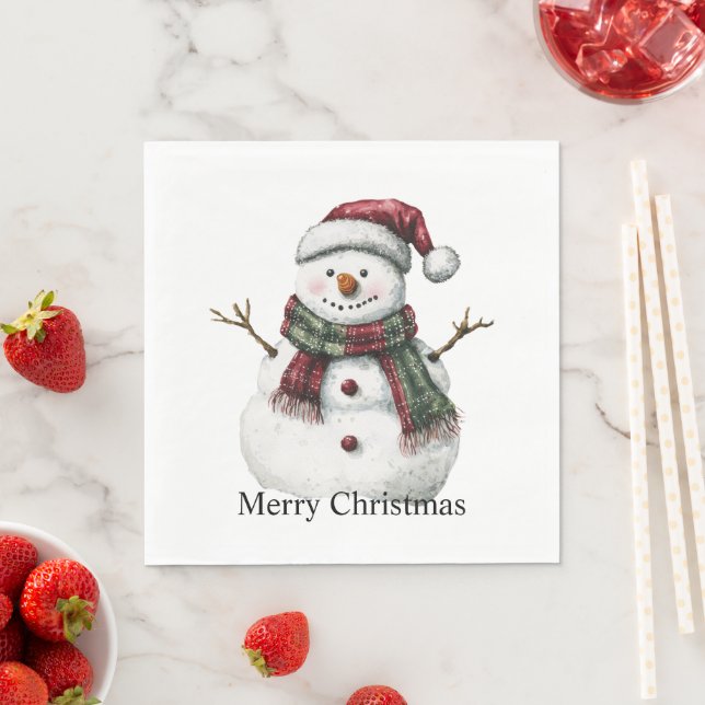Green Red Merry Christmas Trees Snowman Napkin (Insitu)