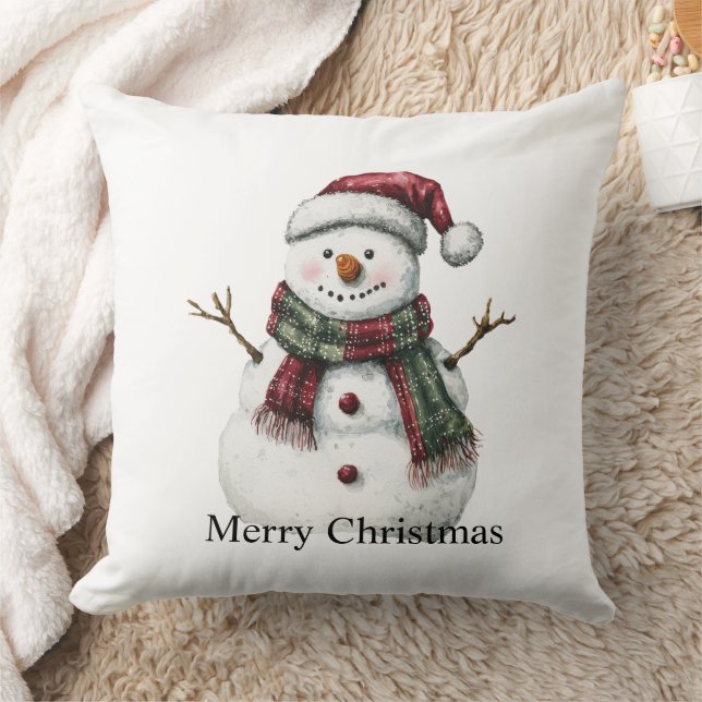 Green Red Merry Christmas Trees Snowman Throw Pillow (Blanket)
