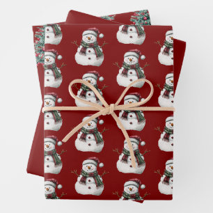 Green Red Merry Christmas Trees Snowman Wrapping Paper Sheet