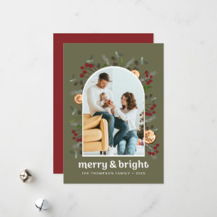 Green Red Mod Arch Frame Family Photo Christmas  Holiday Card