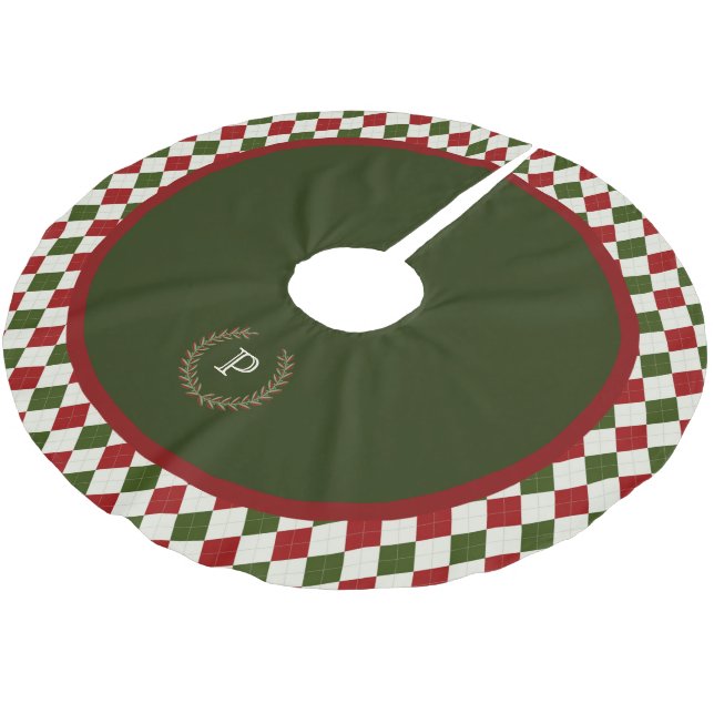 Green Red Monogram Argyle PatternSkirt Brushed Polyester Tree Skirt (Angled)