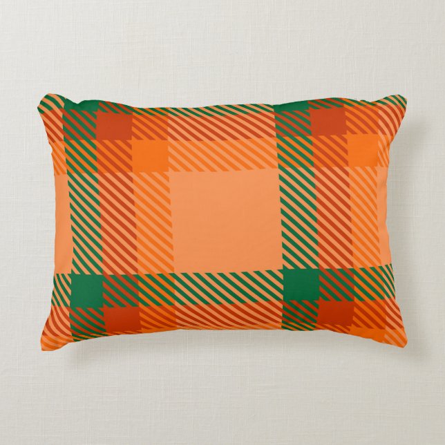 Green, Red, Orange and Beige Tartan Plaid Scottish Accent Pillow (Front)