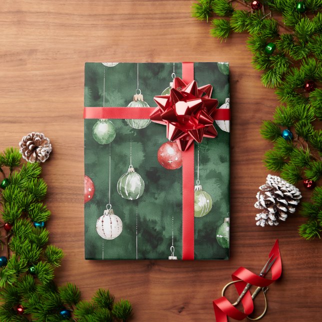 Green Red Ornaments Christmas Wrapping Paper (Holiday Gift)