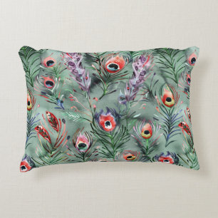 Green Red Peacock Feathers   Accent Pillow