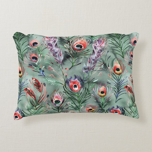 Green Red Peacock Feathers   Accent Pillow (Front)