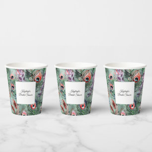 Green Red Peacock Feathers Bridal Shower Paper Cups