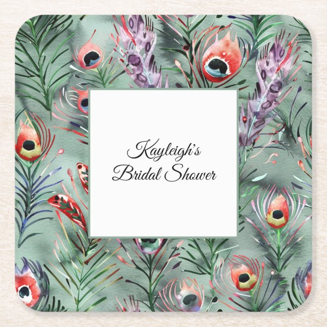 Green Red Peacock Feathers Bridal Shower Square Paper Coaster (Front)